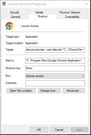 Chrome Properties Dialog showing CORS bypass configuration